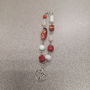 Hand Crafted Chic Red White Glass Beaded  Silver Heart Charm Bracelet